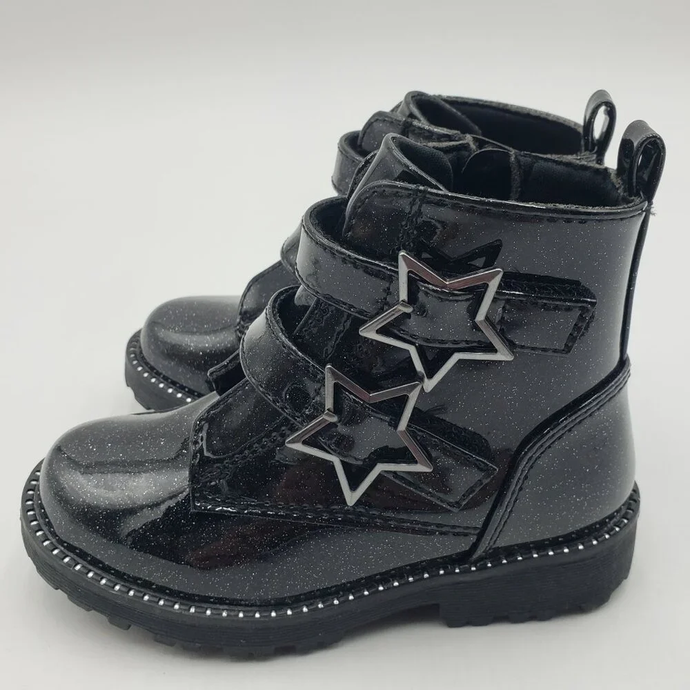 Self Esteem Girls Glitter Patent Leather‎ Star Moto Combat Boots